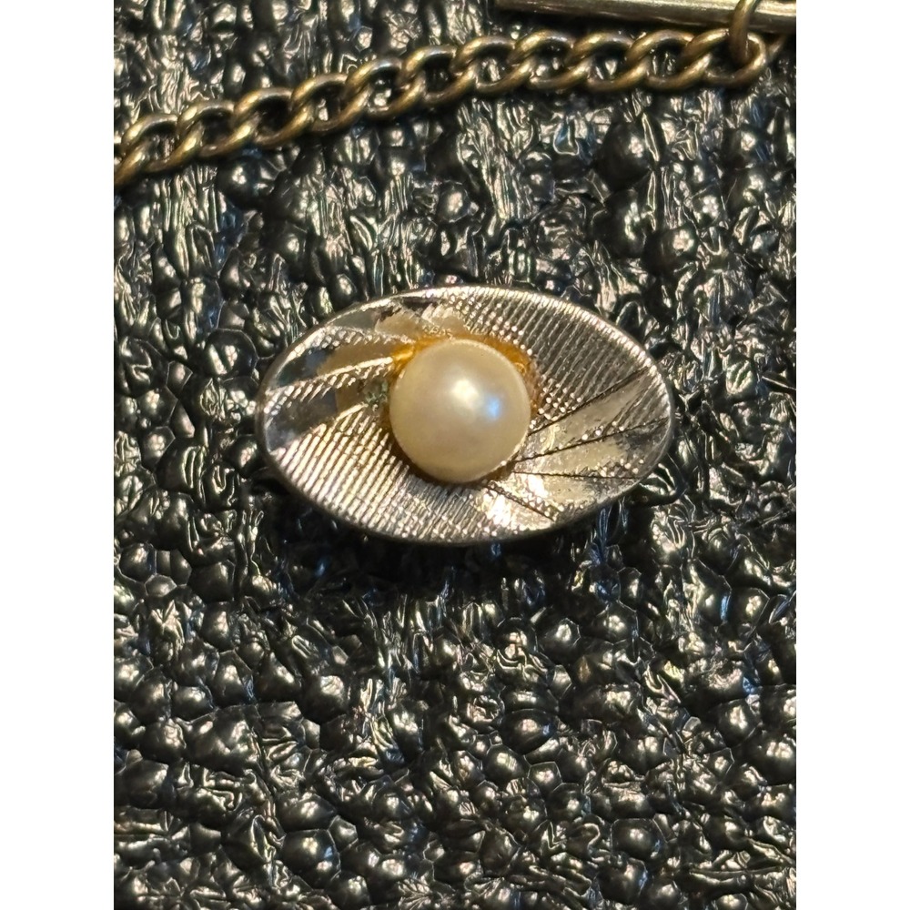 Vintage Sterling Silver sunburst Pearl accent Tie Tack Lapel Pin‎ Chain Clasp